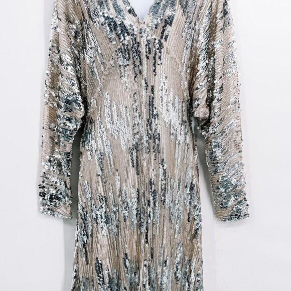 Zara Silver Sequin Maxi Dress Dolman Long Sleeve Metallic Blogger Fave Small - Picture 10 of 16